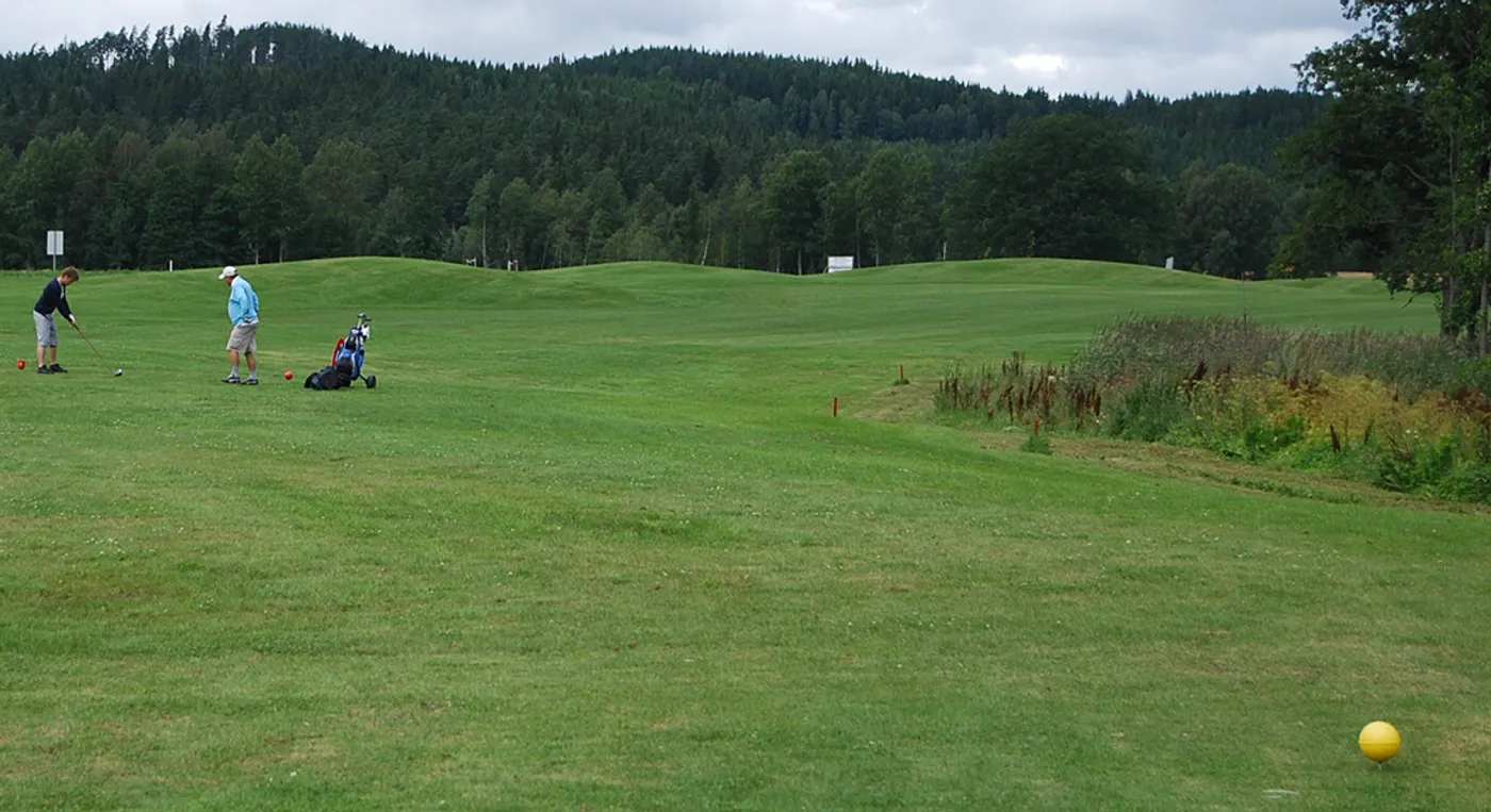 En grupp människor som står mitt på en golfbana.
