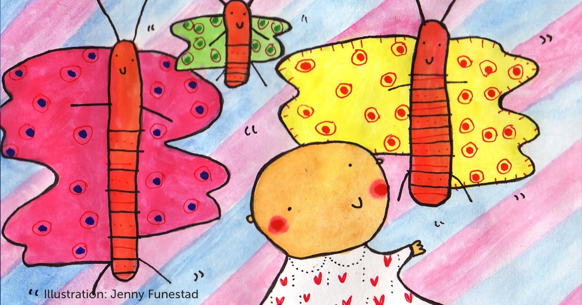 Bilden visar en tecknad bebis och tre fjärilar.