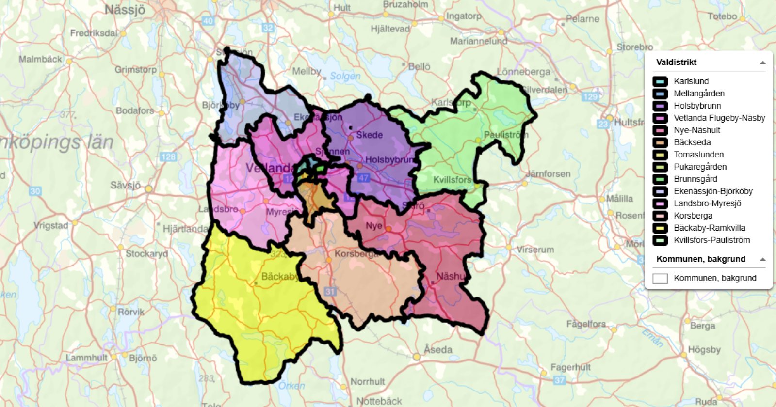 Karta över valdistrikten i Vetlanda kommun