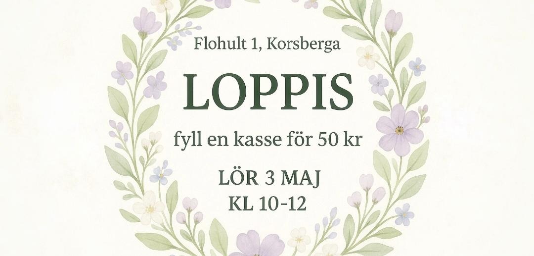 Bilden visar information om loppiset, runt om texten är det en blomsterkrans i grönt och lila.