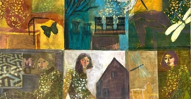 Bilden visar ett collage med sex olika rutor med olika motiv, bl a tre kvinnor, en fjäril, fem stolar, ett hus med mera.