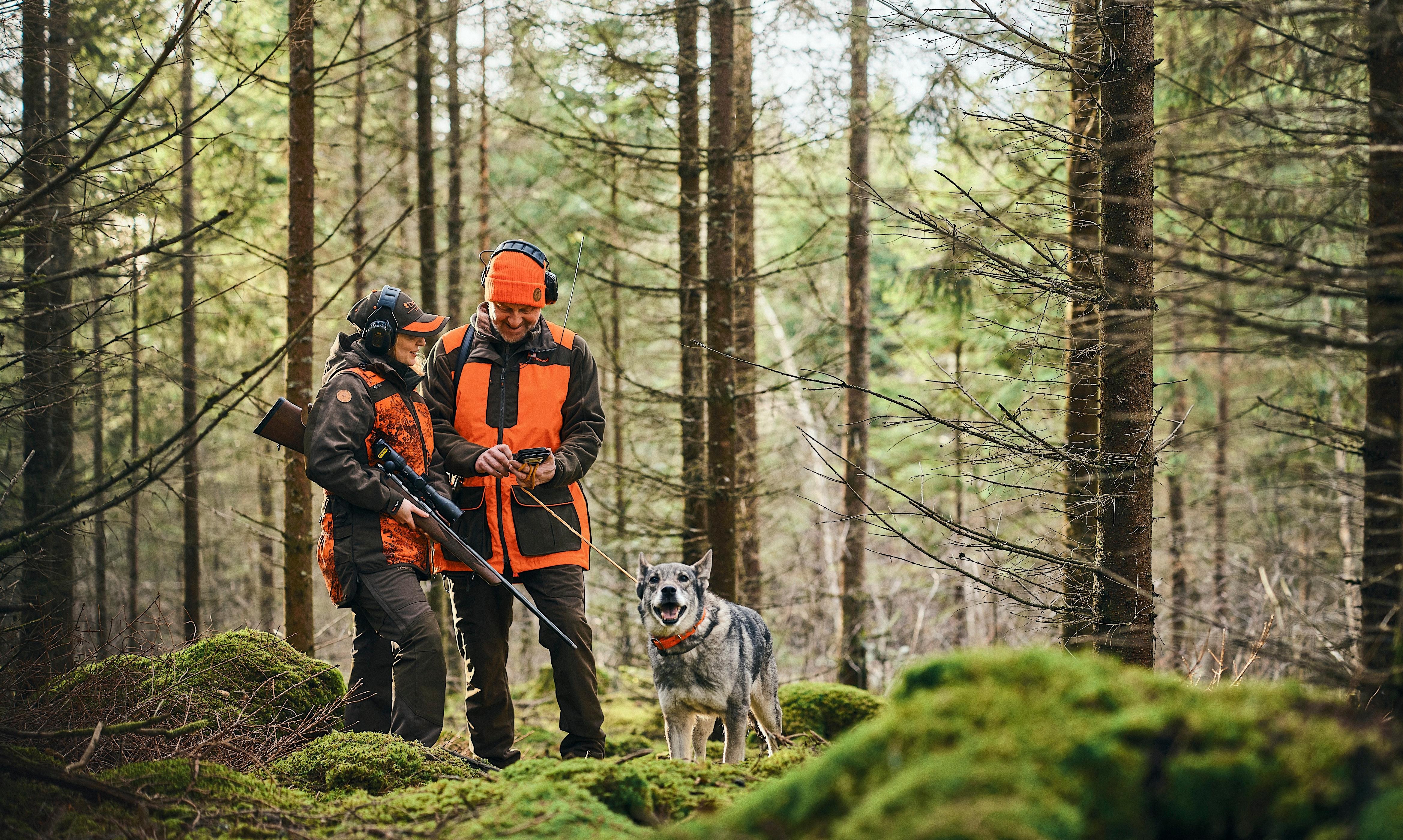 Jägare med hund i skogen