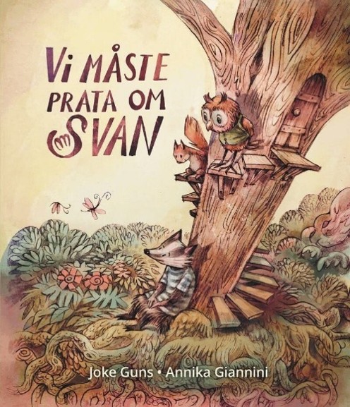 En bild av omslaget av boken. 3 av karaktärerna från boken sitter i och vid ett träd omgivna av grönska