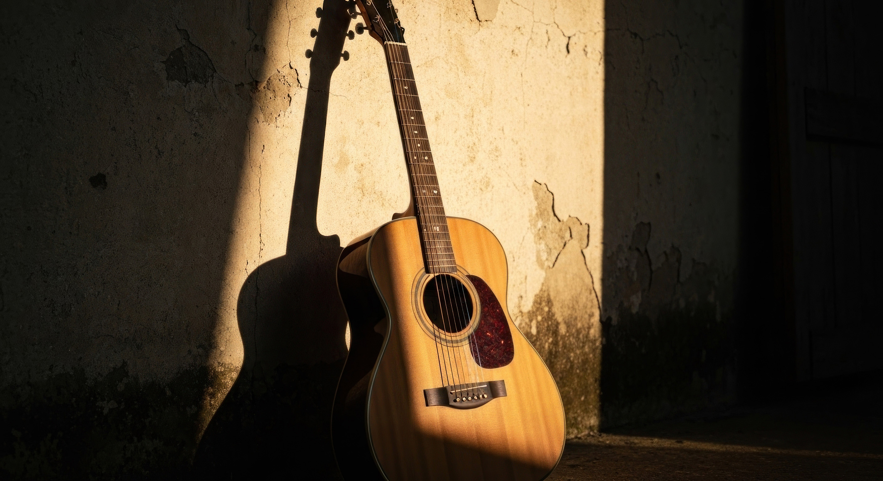 En gitarr står lutad mot en vägg.