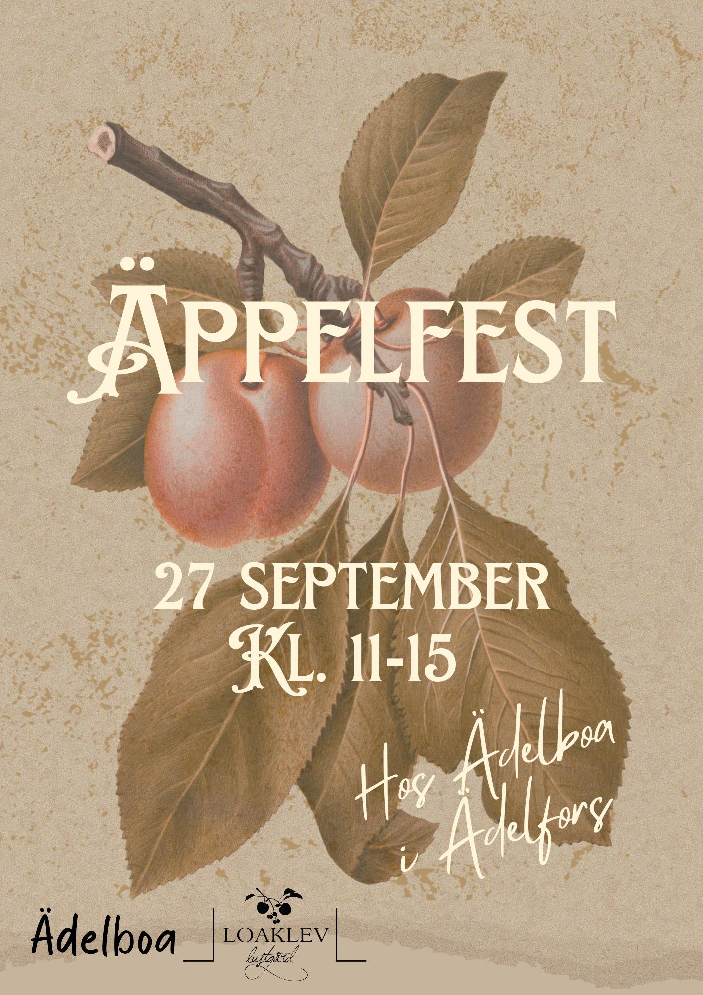 En affisch med brun bakgrund. Det står Äppelfest 27 september klockan 11-15 hos Ädelboa i Ädelfors.