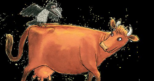 Illustration av kossan Mamma Mu med kompisen Kråkan på ryggen.