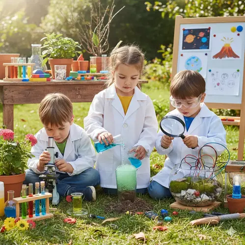 Tre barn experimenterar med teknisk utrustning.